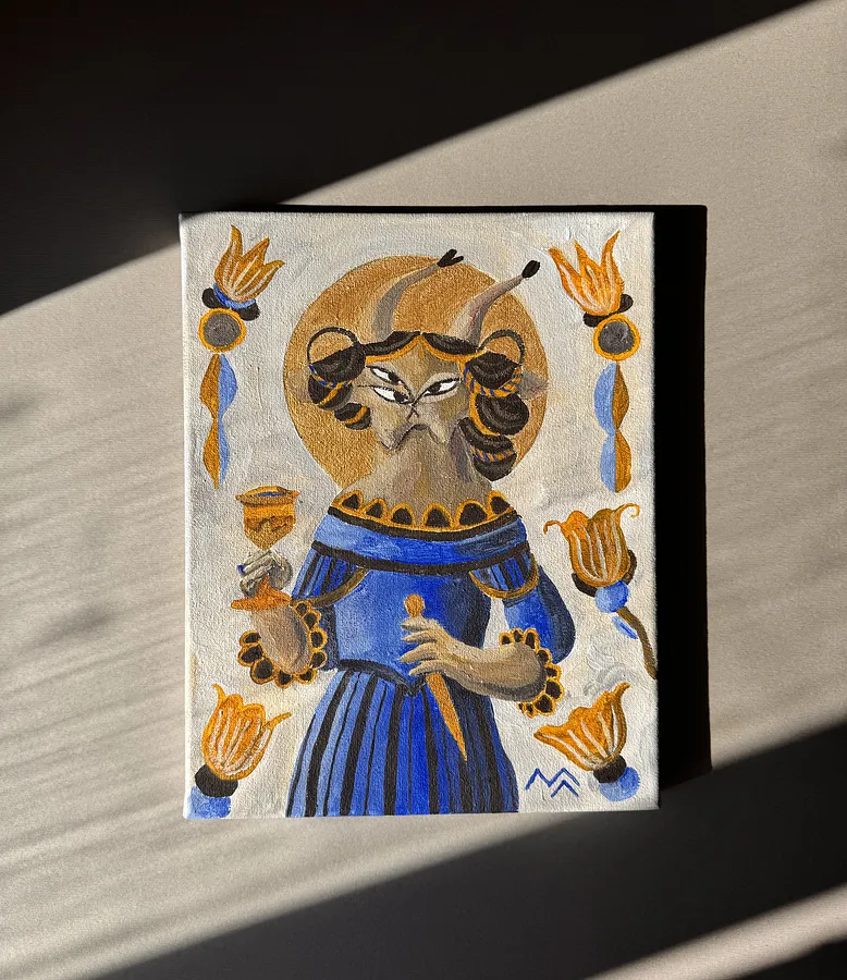 Зображення "Царися" від Марта Лешак, розмір: 20x25, матеріали: акрил, полотно, медіум: Живопис, місто: Львів, серія: Святі Рисі, ціна: $150 Фото 1 з 4.