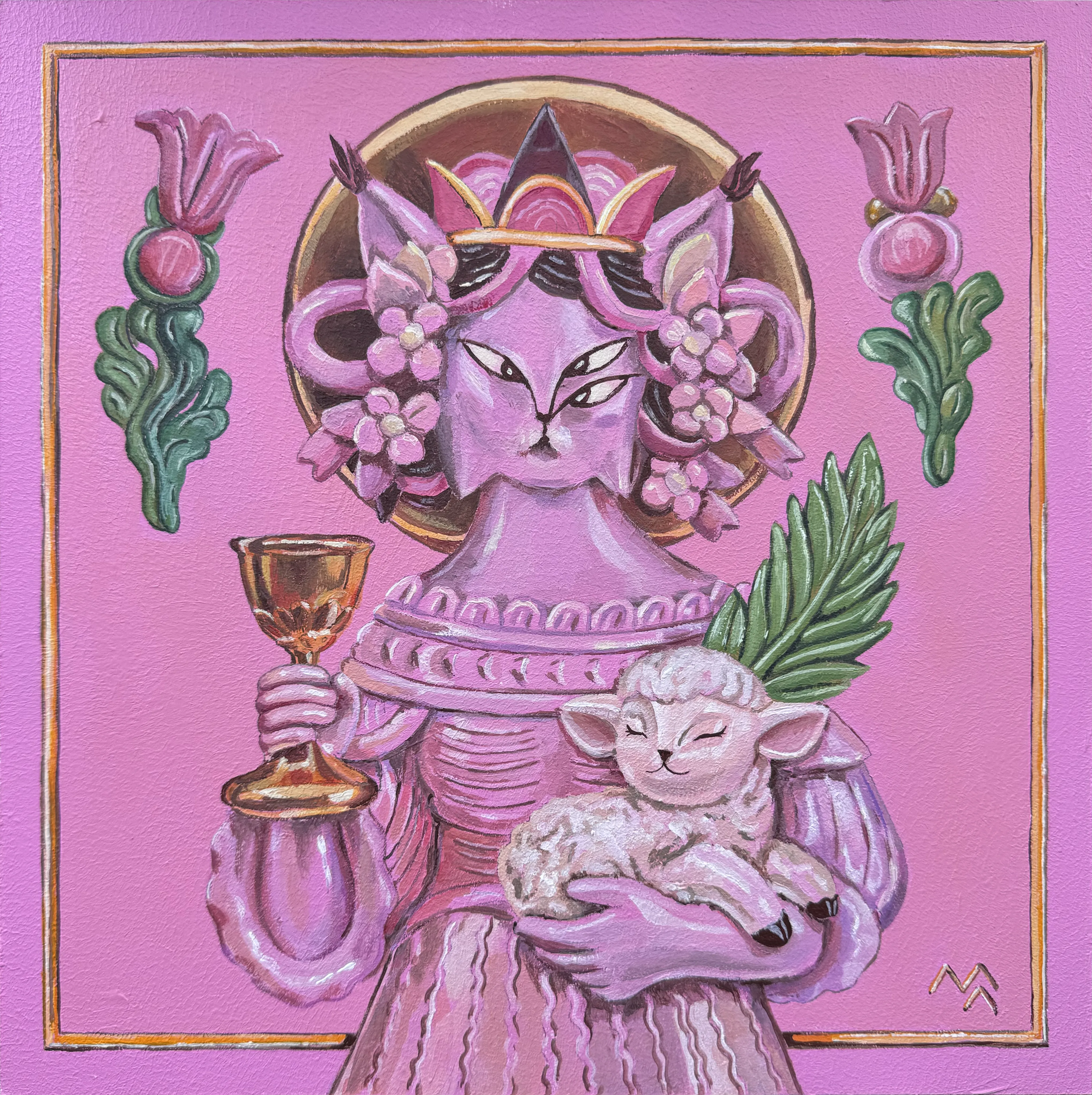 Зображення "Богорисиця" від Марта Лешак, розмір: 30x30cm, матеріали: акрил, картон, медіум: Живопис, місто: Львів, серія: Святі Рисі, ціна: $200 Фото 1 з 5.